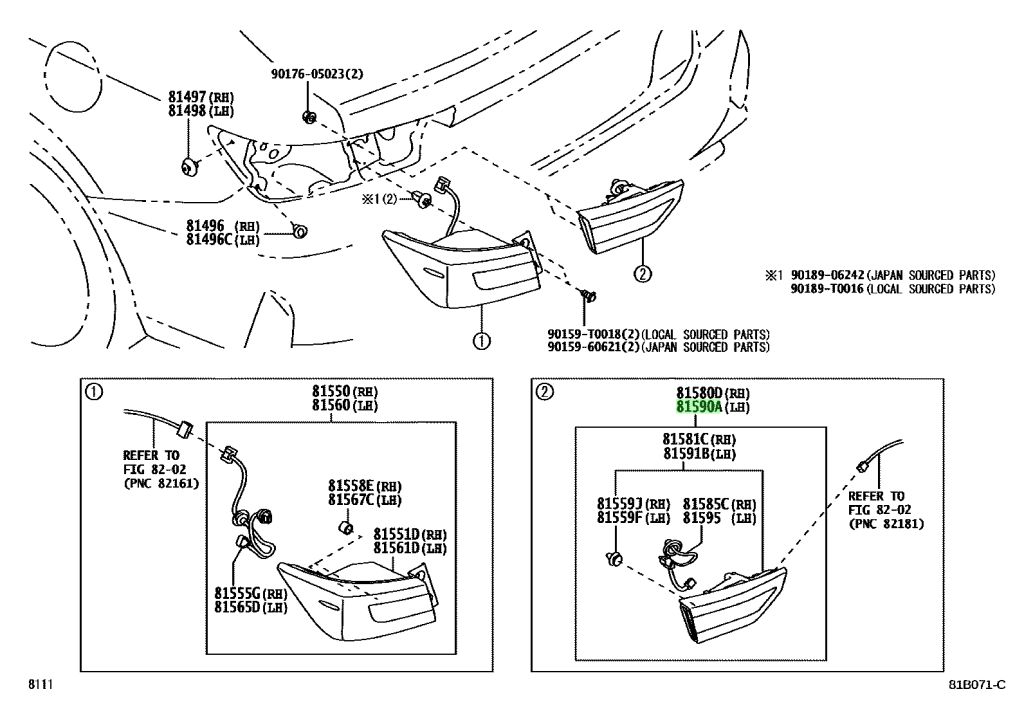 Diagrama de Uso - CONJUNTO LAMPARA, COMBINADA TRASERA,LH TOYOTA 81590BZ220